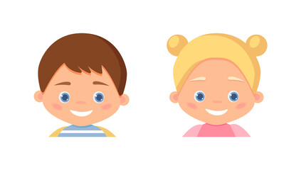 Boy and girl portraits. Cute cartoon happy kids. Children avatar. Vector illustration isolated on white background