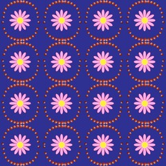 Summer pattern with color flower in circle on blue