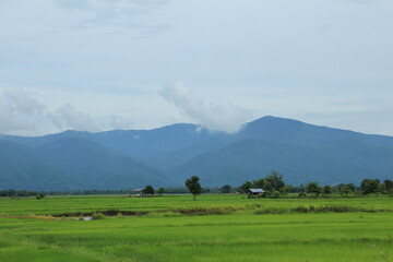 lay down blue mountains covered by clouds