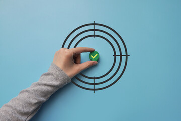 A drawing of the target and a check mark in the center. Goal achievement symbol
