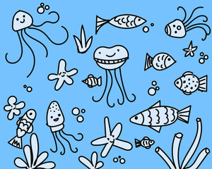 seamless pattern with fishes, Marin life doodles