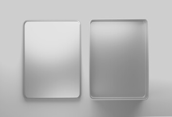 White Rectangular Metal box, blank aluminium can container with lid, 3d rendered isolated on light background