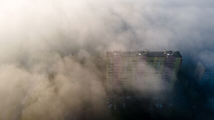 Top view of the city in fog and smog. Pictures from the drone.