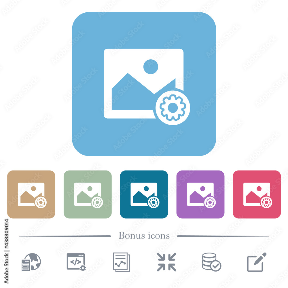 Poster image settings flat icons on color rounded square backgrounds