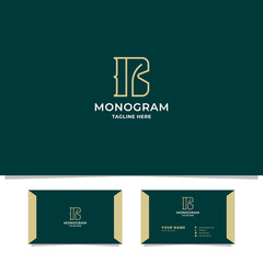 Simple and minimalist yellow line art letter B monogram initial logo in green background with business card template
