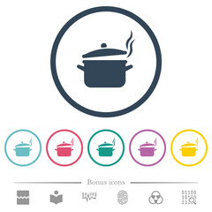 Steaming pot with lid flat color icons in round outlines