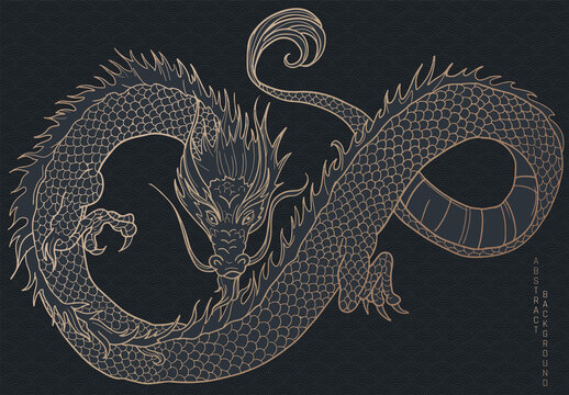 hand drawn japanese vector dragon in black and gold colours