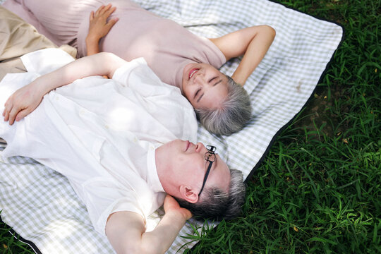 Happy old couple resting on the park grass