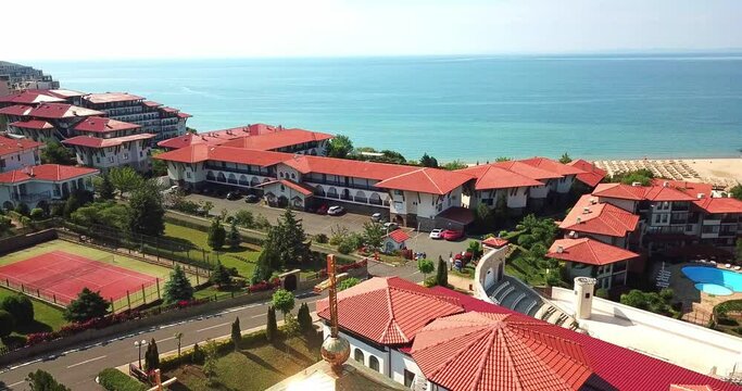 Drone aerial video of the Orthodox Church of Saint Vlasiy in Sveti Vlas, Popular summer resort Bulgaria
