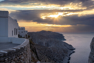 Breathtaking view over the Aegean sea at sunset, Folegandros island Cyclades, Greece.