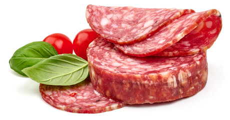 Salami smoked sausage, Traditional dry-cured Milano salami, isolated on white background. High resolution image.