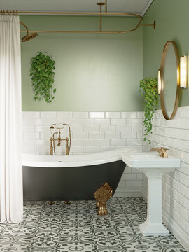 3d render of a retro boho bright green bathroom with glossy white tiles, an black vintage barhtub, plants and vintage farmhouse patterned tile flooring	