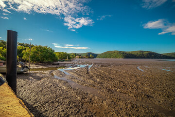Panoramic view of Hawkesbury River oyster farms Sydney Australia