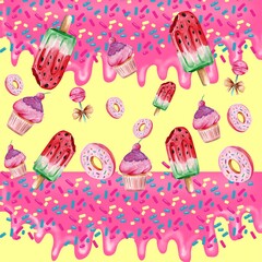 illustration of sweets, popsicles and cookies with sprinkles
