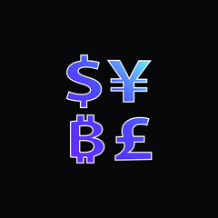 Bitcoin Currency Symbol With Dollar Yens And Pounds Signs blue gradient vector icon