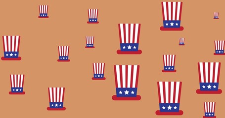 Digitally generated image of multiple uncle sam's hat against orange background