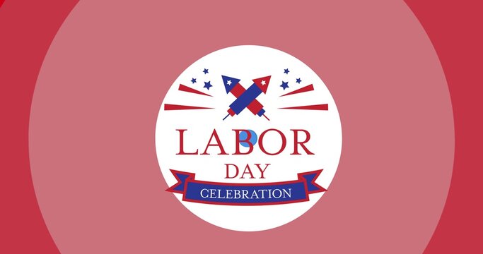 Digitally generated image of happy labor day text and over round banner against pink background