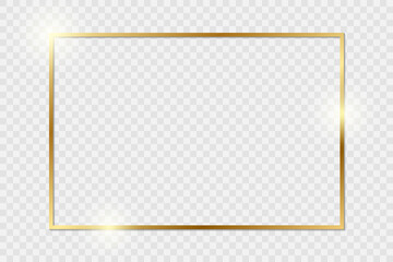 Gold shiny glowing vintage frame with shadows isolated on transparent background. Golden luxury realistic rectangle border. PNG - obrazy, fototapety, plakaty