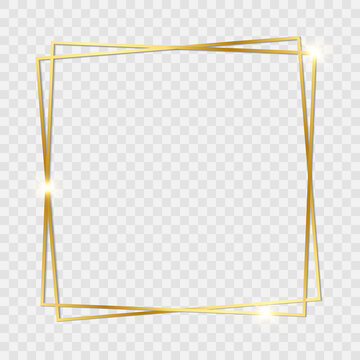 Gold Shiny Glowing Vintage Frame With Shadows Isolated On Transparent Background. Golden Luxury Realistic Rectangle Border. PNG