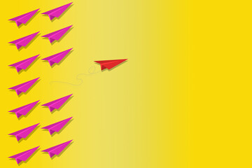 Rotes und Lila Papierflugzeuge als Führungskonzept auf einem gelben Hintergrund