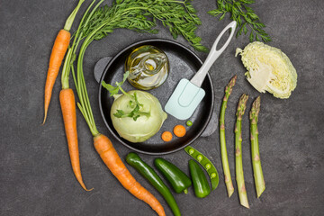 Bottle of olive oil, kohlrabi cabbage in frying pan.