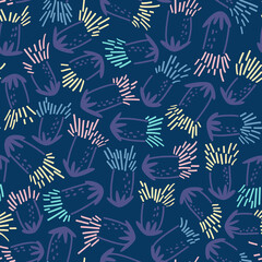 Seamless pattern of colored thistles scattered on a dark background. Abstract print doodle. Background design for baby products. Flat vector illustration.