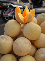 A Close up view of farm fresh Mush melons which are grown organically in the tropical climate of Karnataka state in India.