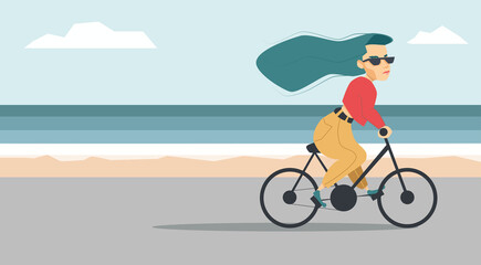 Obraz na płótnie Canvas vector flat illustration of young woman riding on bicycle on the beach