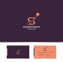 Simple and minimalist orange shooting star on letter S monogram initial logo in purple background with business card template