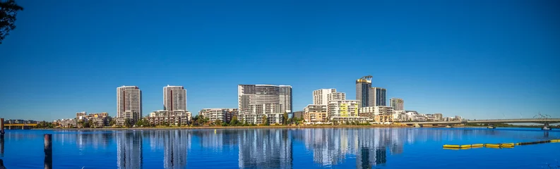 Poster Panorama view of residential apartments on Parramatta River Rhodes Sydney NSW Australia © Elias Bitar