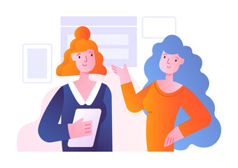 Office scene with two female characters discussing work matter