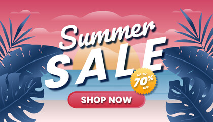 Summer sale concept web banner. Beach Background Illustration.
