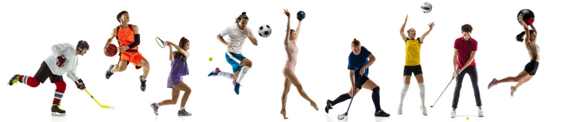 Sport collage. Tennis, soccer football, basketball players posing isolated on white studio...