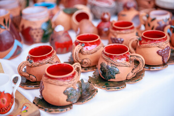 Traditional clay cups with unique patterns. Armenian, Traditional  handmade patterns on cups. 