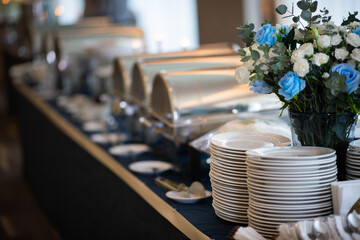 buffet food, catering food party at restaurant, mini canapes, snacks and appetizers