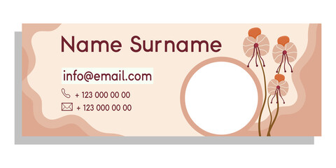 Template for signing an email. A place of photography, with abstract shapes and colors. Vector illustration of a modern layout template. Boho Style Email Signature Design