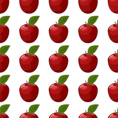 Seamless background with red apples and leaves. Vector illustration.