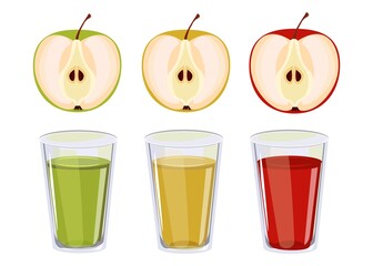 Three glasses with apple juice. Red, yellow and green apple juice. Fruit fresh beverage natural organic vitamin. Vector set fresh and cold apple juice healthy fruit drink.