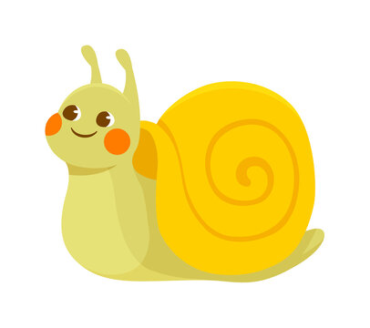 Cute yellow smiling snail on white background