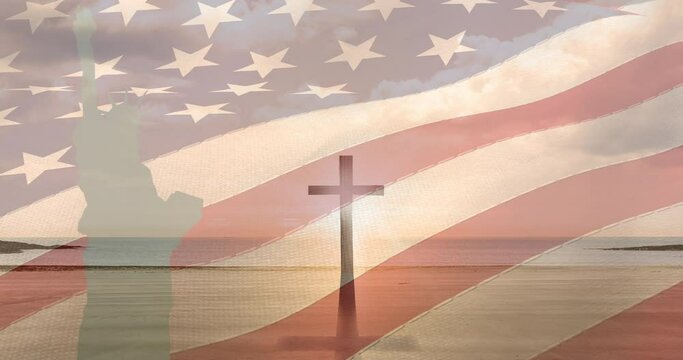 Animation of crucifix and statue of liberty moving over american flag