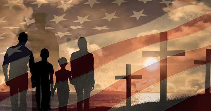 Animation of crucifix soldier silhouette saluting and family moving over american flag