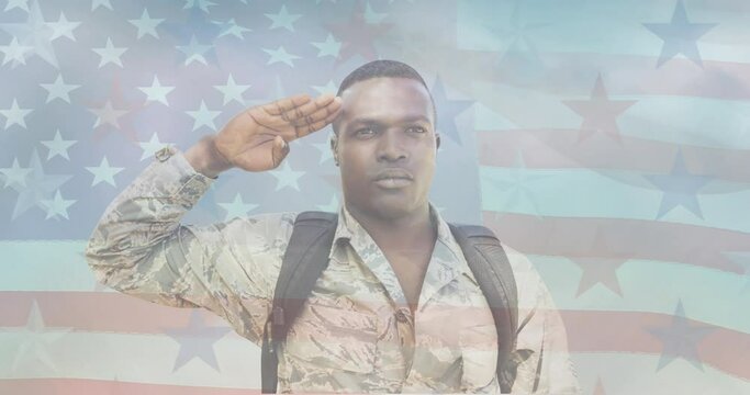 Animation of male soldier saluting moving over american flag