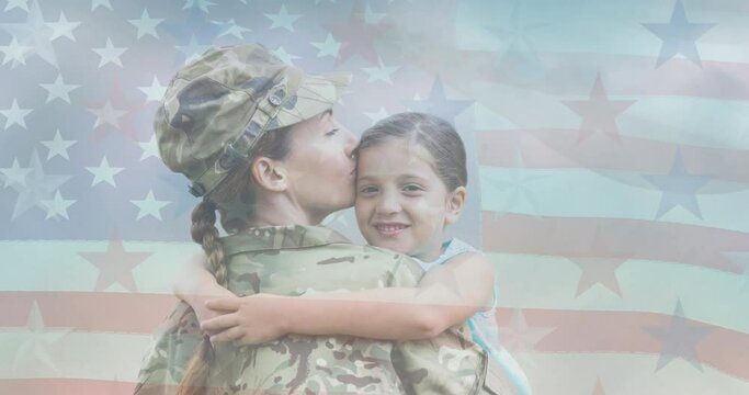 Animation of female soldier embracing smiling daughter moving over american flag