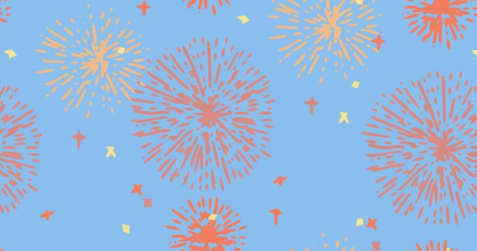 Animation of orange fireworks moving over blue background