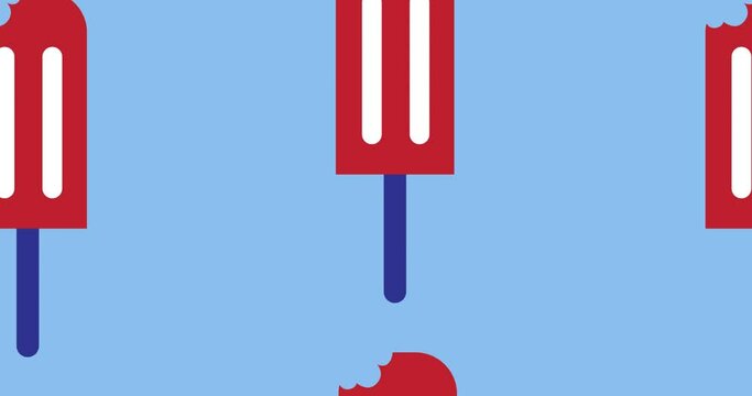 Animation of blue white and red ice cream moving over blue background