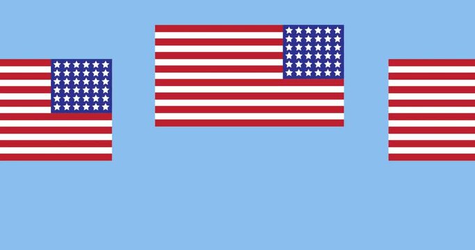 Animation of american flags moving over blue background