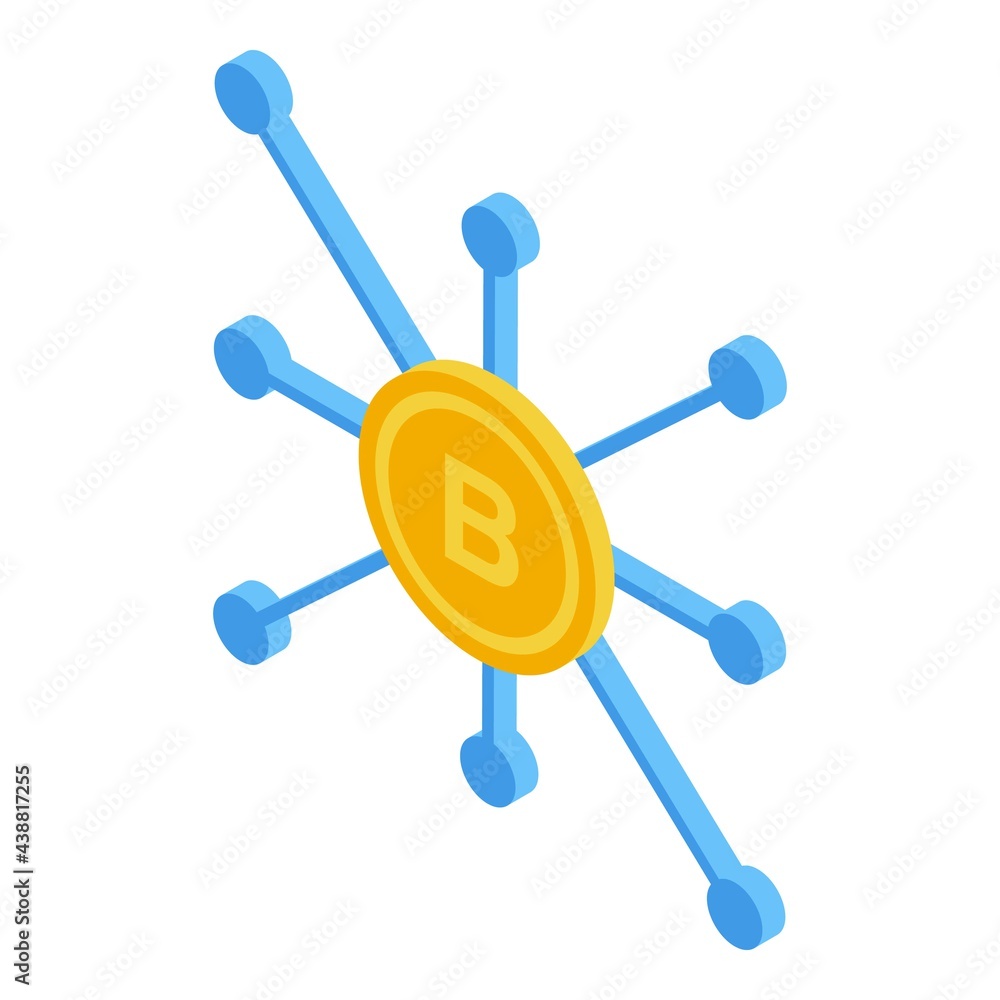 Poster block chain bitcoin icon. isometric of block chain bitcoin vector icon for web design isolated on wh