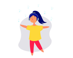 A dancing girl with headphones. A cartoon character. Flat vector illustration