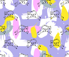 Naklejka premium Abstract Hand Drawing Cute Cats and Brush Strokes Seamless Vector Pattern Isolated Background