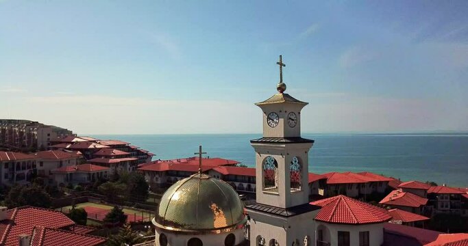 Drone aerial video of the Orthodox Church of Saint Vlasiy in Sveti Vlas, Popular summer resort Bulgaria